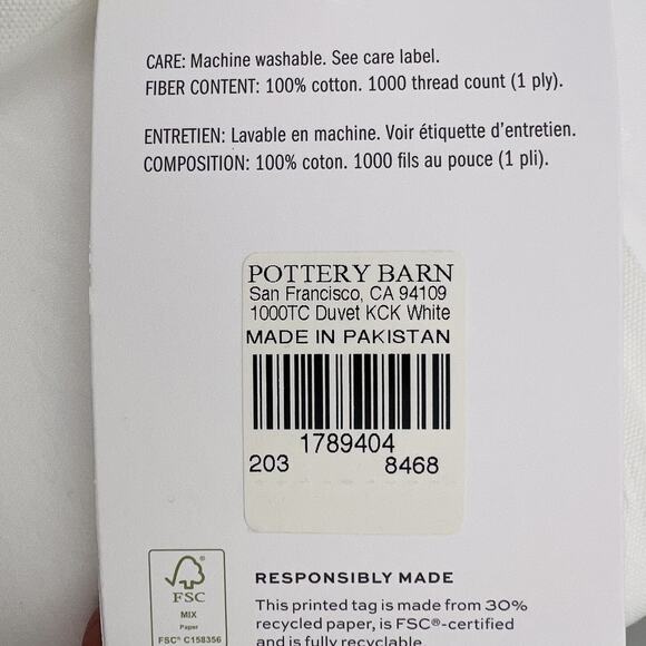 Pottery Barn Duvet Cover KING / CAL KING 1000 Thread Count Sateen White NWT - Picture 3 of 6